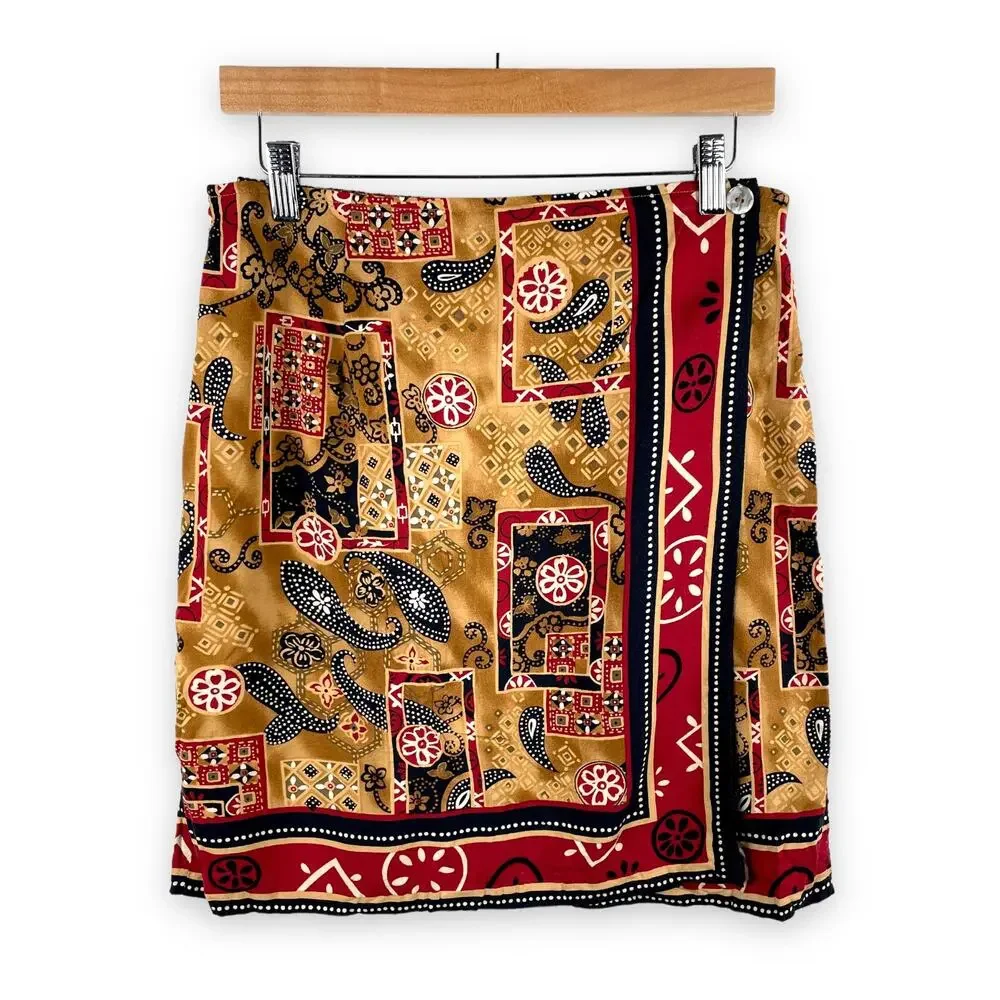 90s Vintage Requirements Skirt PM Tan Red Wrap Front Mini Paisley Western Boho